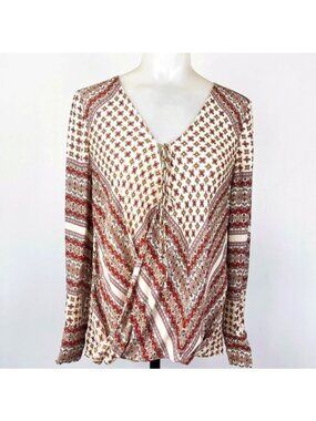 Derek Lam 100% Silk paisley tie neck V-neck blouse long sleeve Small